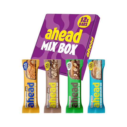ahead Protein Riegel Mix Box with 12 snack bars in 3 flavors: Crazy Hazel, White Crazy Hazel, and Crazy Pistachio.