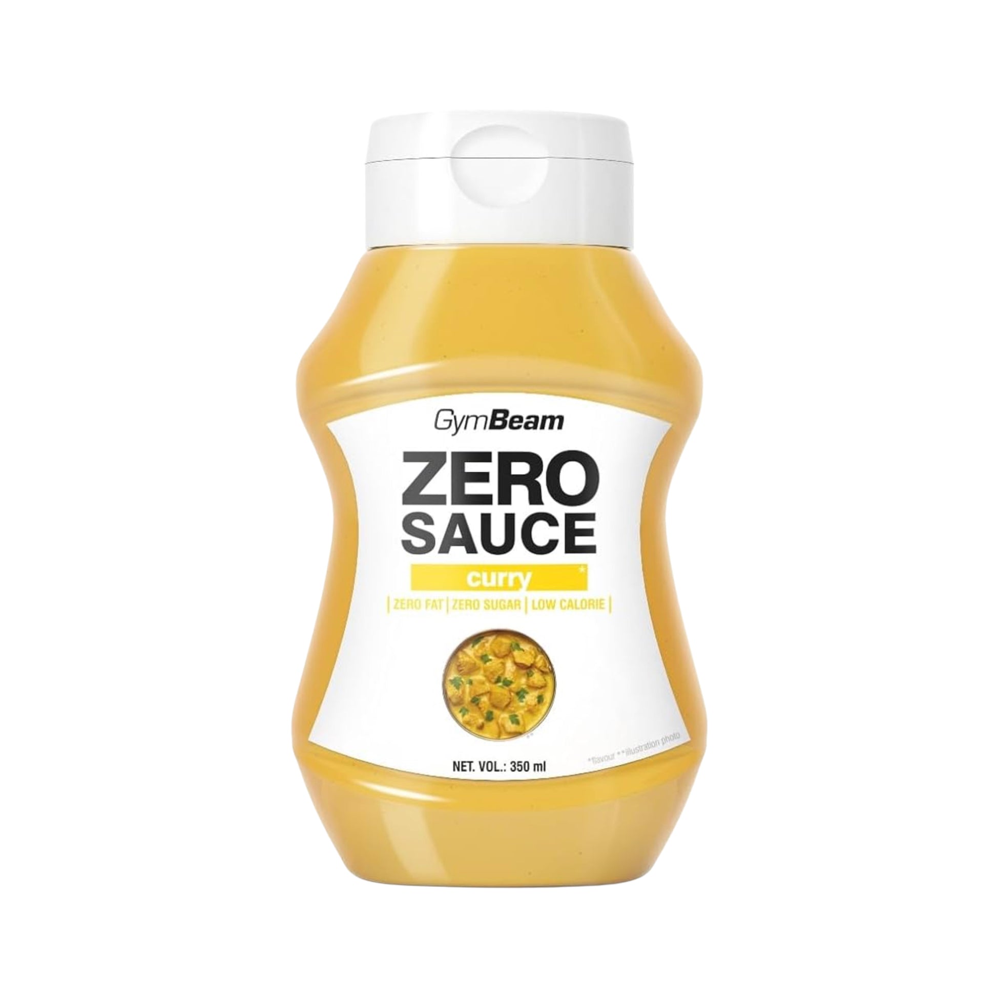GymBeam Zero Sauce Curry bottle, calorie-free, low fat, low sugar, perfect for enhancing dishes with a spicy flavor.